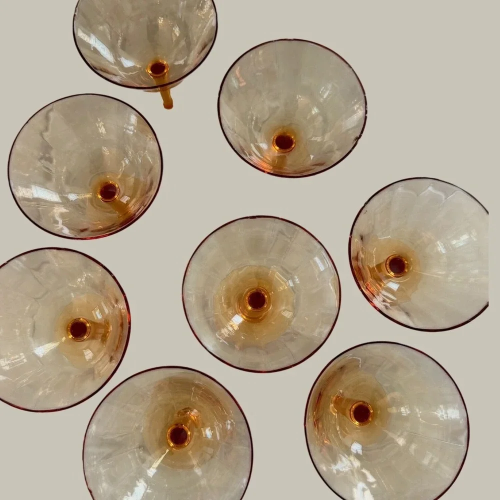 Vintage Amber Glass Champagne Coupes Optic Rib Martini Glasses Set of 8 Decor